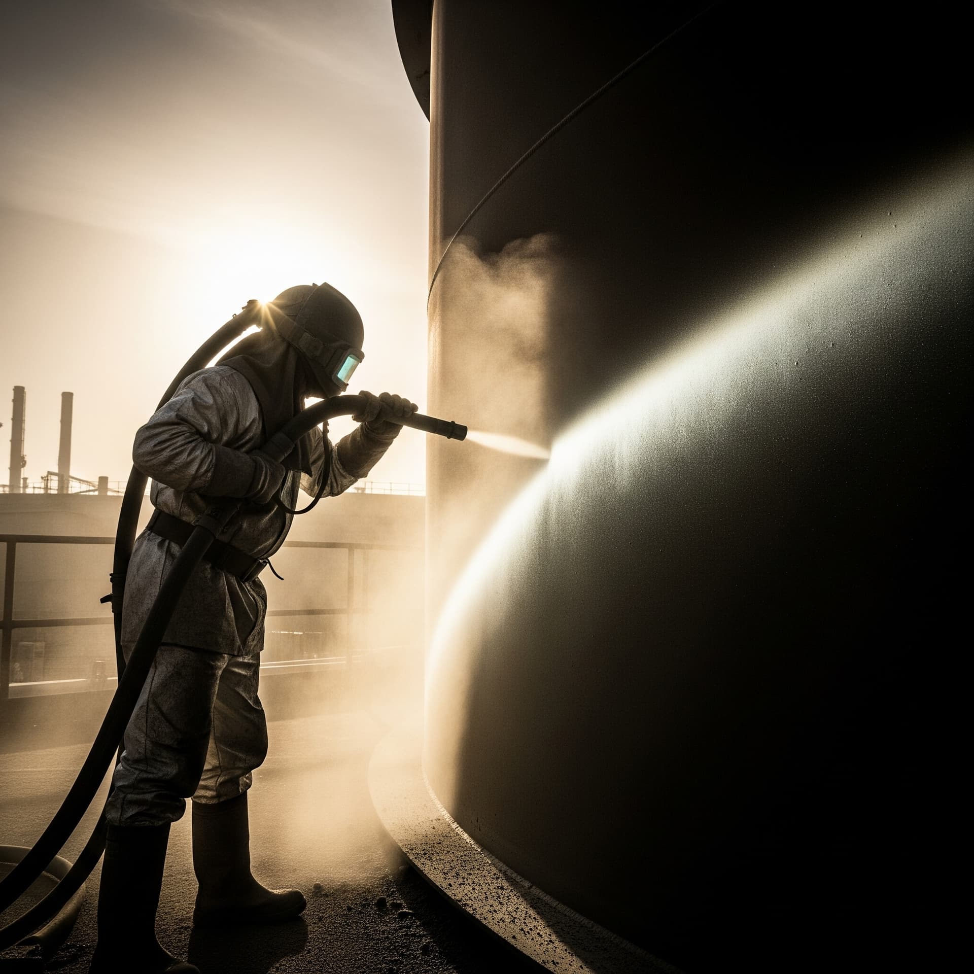 Industrial abrasive blasting on a steel surface