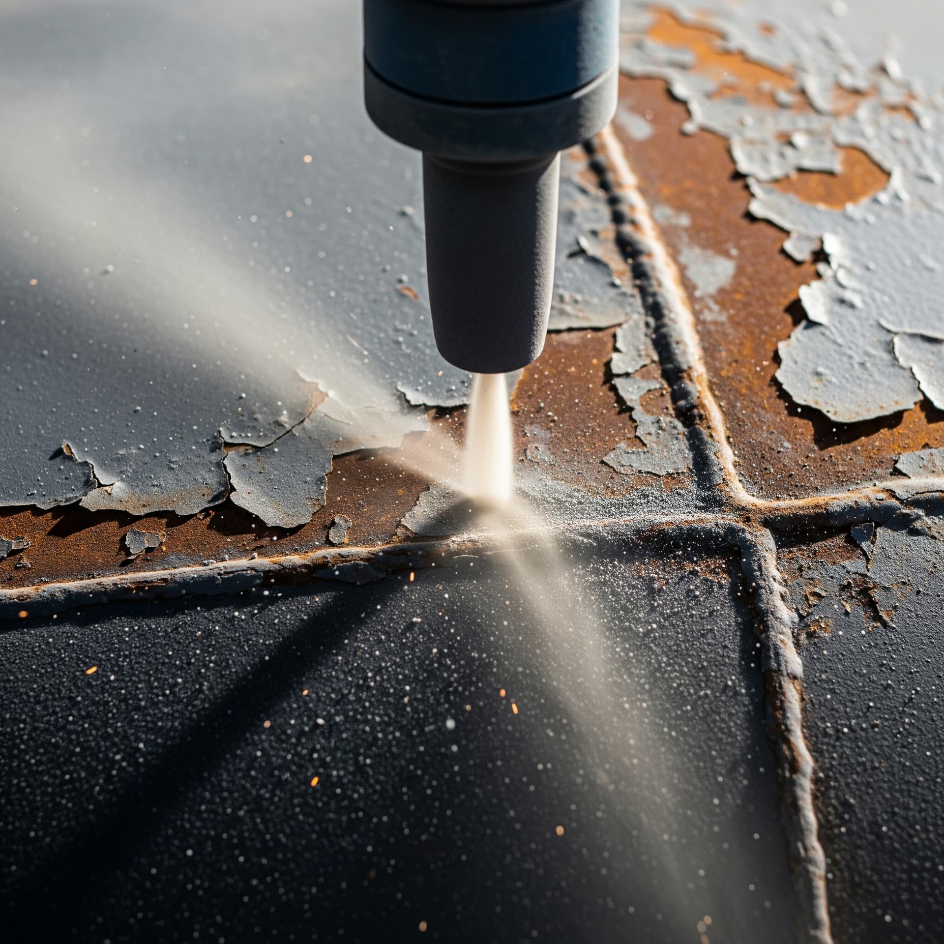 Close-up abrasive blasting for rust and coating removal on metal