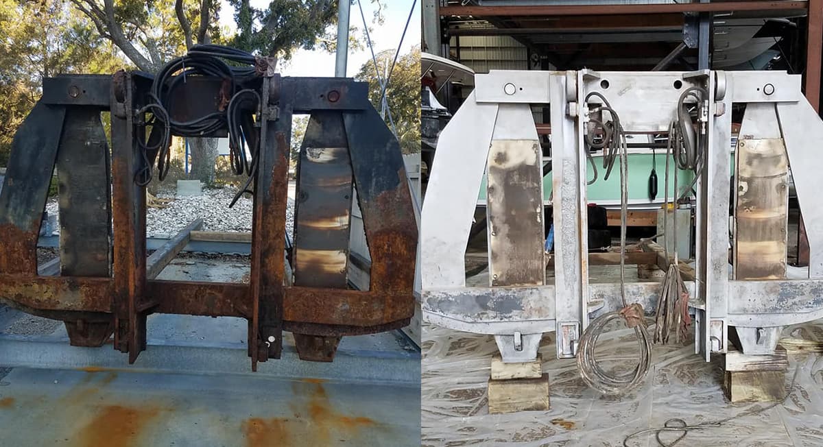 Before and after abrasive blasting on industrial equipment