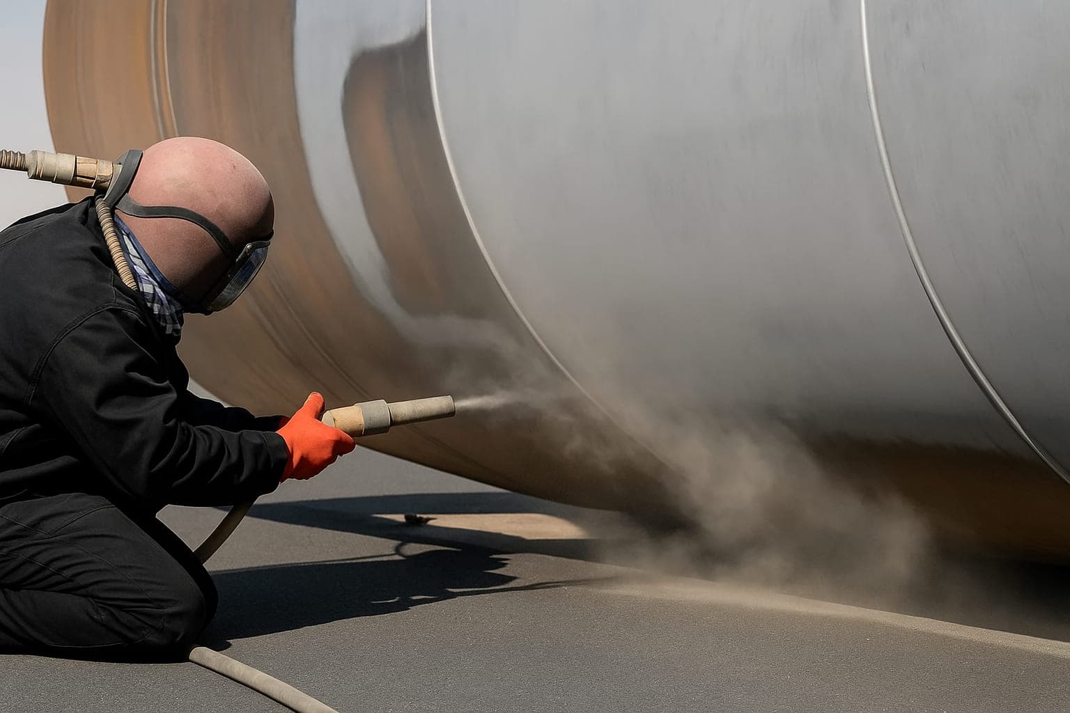 Industrial abrasive blasting on a large steel tank